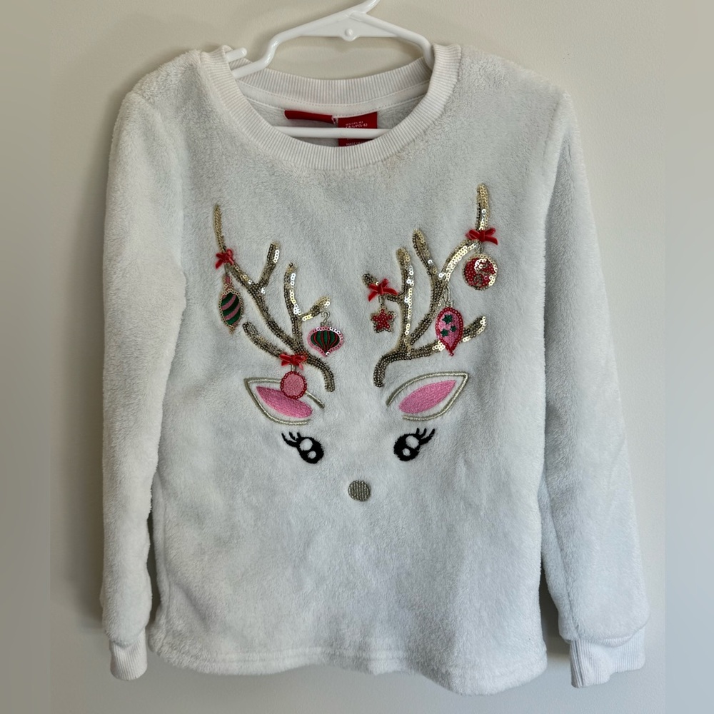 Jingles & Joy Reindeer Christmas White Pullover Sweater Girls Size Small (5-6)